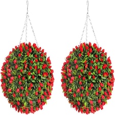 Pair of Best Artificial 38cm Red Lush Tulip Hanging Basket Flower Topiary Ball - Weather & Fade Resistant