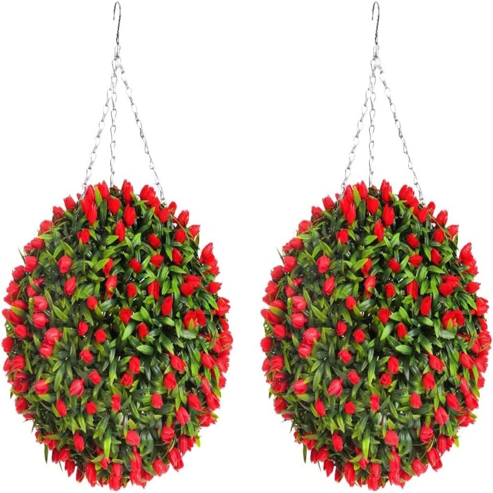 Pair of Best Artificial 38cm Red Lush Tulip Hanging Basket Flower Topiary Ball - Weather & Fade Resistant