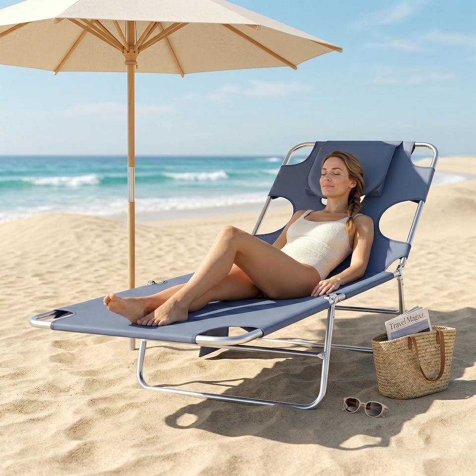 image 1 of Outsunny Sun Lounger with Reading Hole, Folding Garden Lounger, Grey
