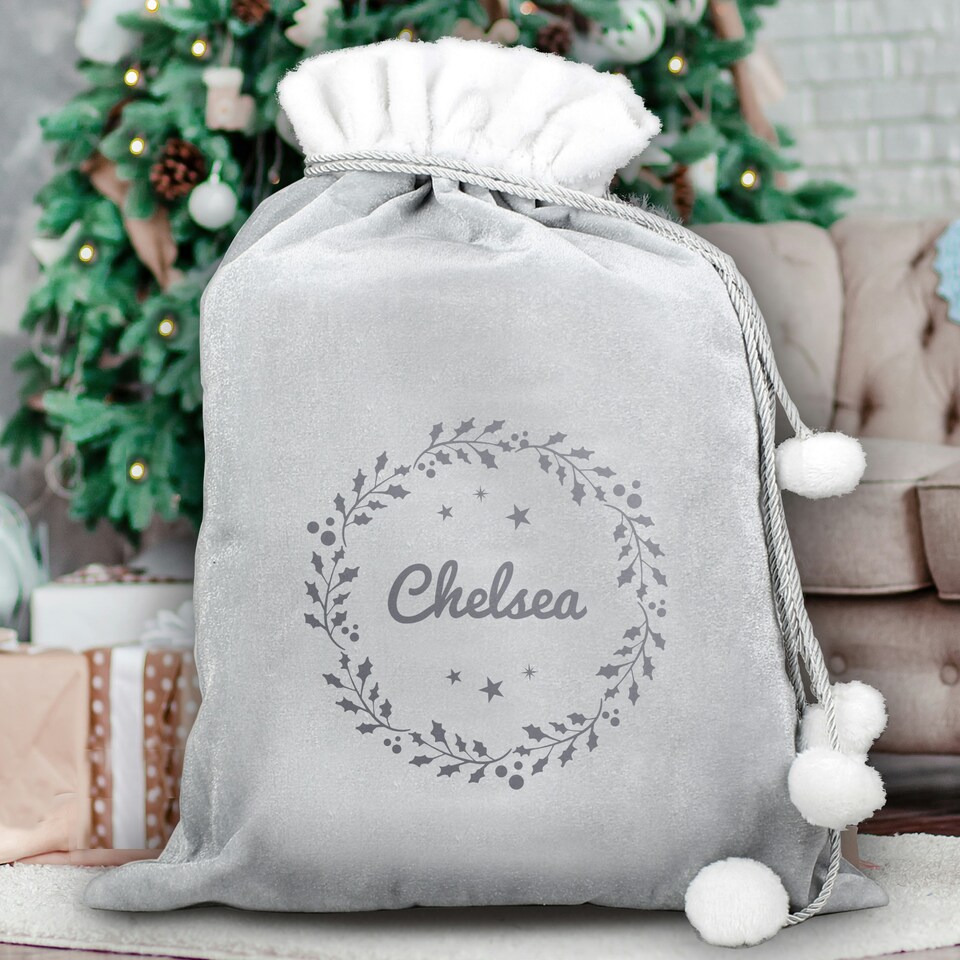 image 1 of Personalised Holly Grey Christmas Sack