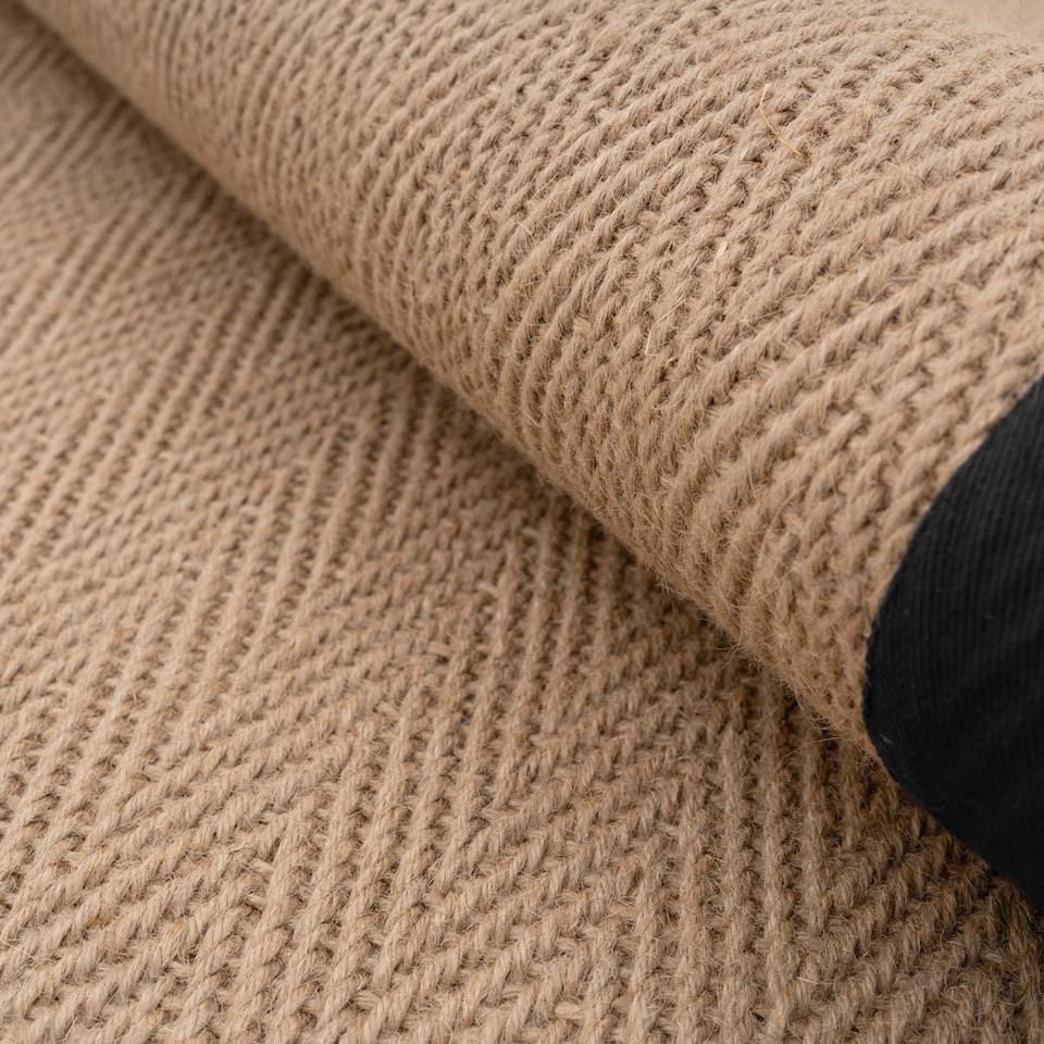 image 1 of KUKOON Natural Golden Beige Jute Micro Woven Herringbone Pattern Cotton Border Area Rug 70cm x 240cm