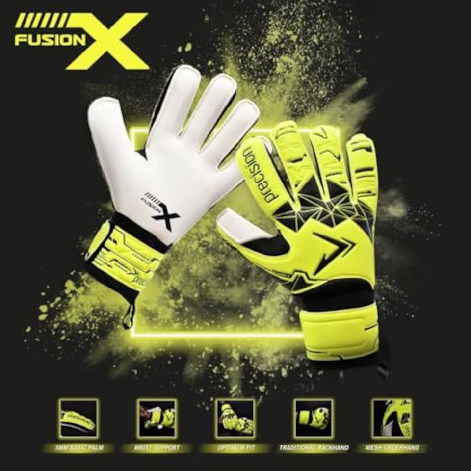 image 1 of Precision Training Fusion X Flat Cut Essential Football Kid's Goalkeeper Gloves, Fluo Yellow, 5