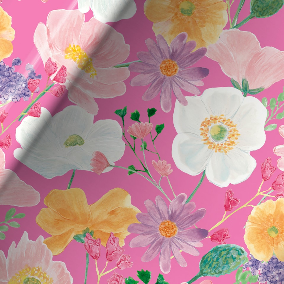 image 1 of Flowers on Hot Pink Gift Wrapping Paper Roll 3m