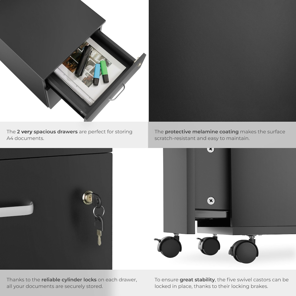 image 1 of Filing Cabinet - 2 rolling, lockable drawers, fits A4 documents Black