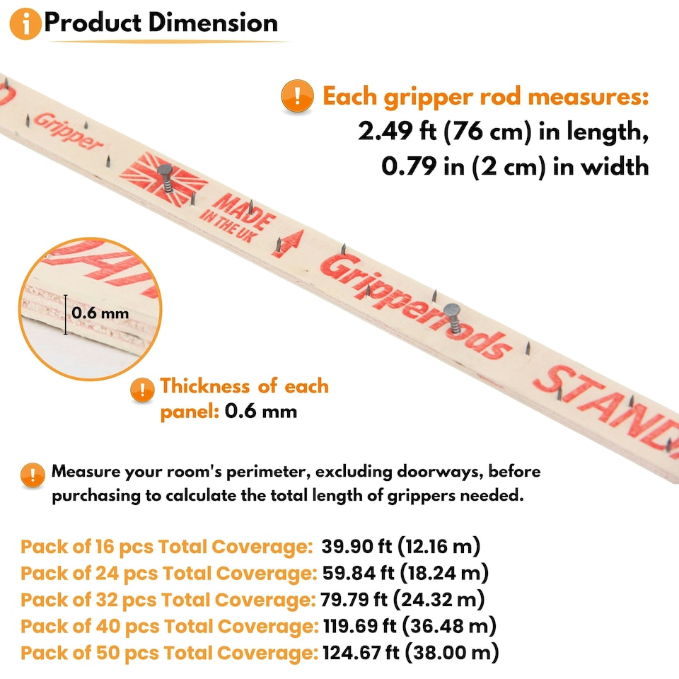 image 1 of NOVECRAFTO Carpet Gripper Rods – 76cm Pre-Nailed Strips with Dual-Purpose Pins for Underlay Installation on Stairs, Concrete & Wood Floors Brown | 40