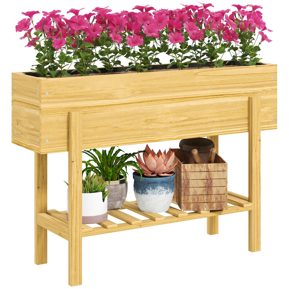 image 1 of Outsunny Wooden Raised Bed w/ Bed Liner, Storage Shelf