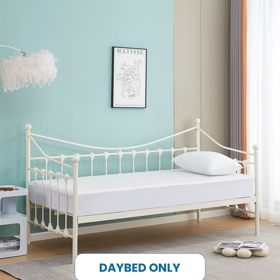 image 1 of Daybed With Pull Out Trundle White 3ft Single Bed with 1 Mattress Metal Guest Room Bedroom Living Room