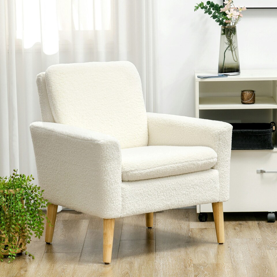 image 1 of HOMCOM Modern Accent Chair with Wood Legs, Wide Seat, Cream