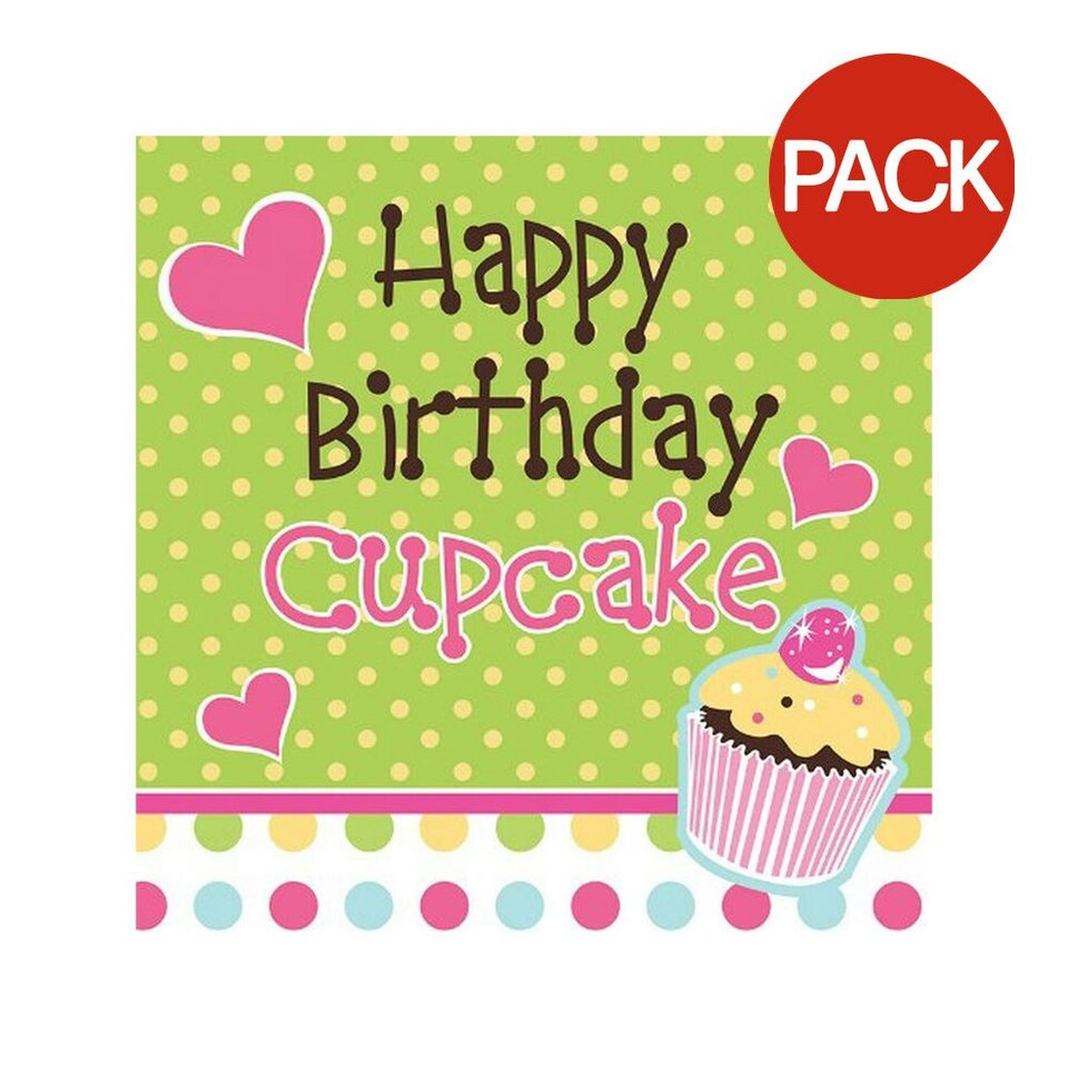 Creative Party Sweet Treats Cupcake Happy Birthday Napkins (Pack of 16) - Green/Pink/Yellow - One Size