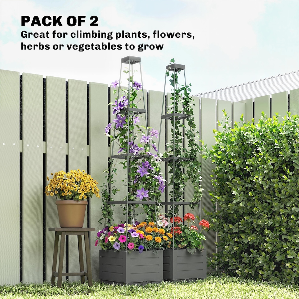 image 1 of Outsunny 2 Pack Raised Garden Bed with Trellis and Removable Drainage Tray | Grey | Grey