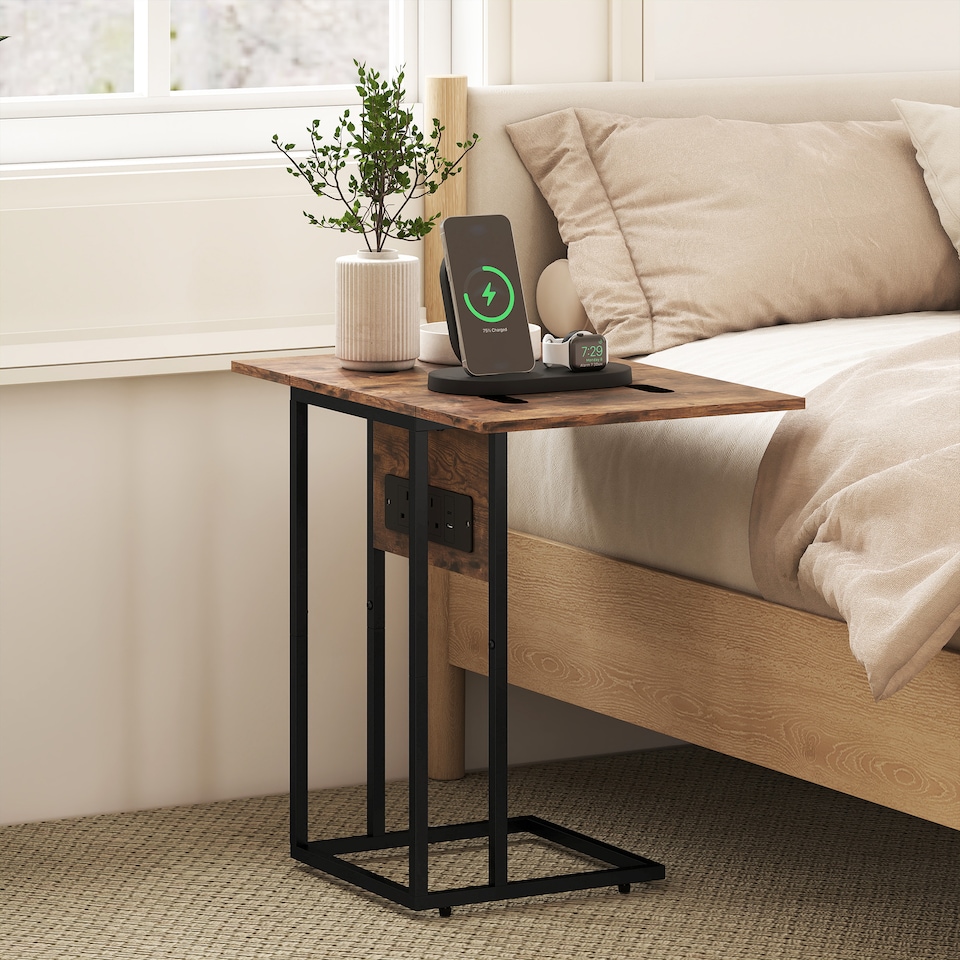 image 1 of HOMCOM C Shaped Side Table, Industrial Bedside Table with Charging Station, Foldable Top and Metal Frame for Living Room, Bedroom, Rustic Brown