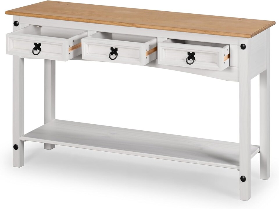 image 1 of Corona Console Table White 3 Drawer Solid Pine Wood