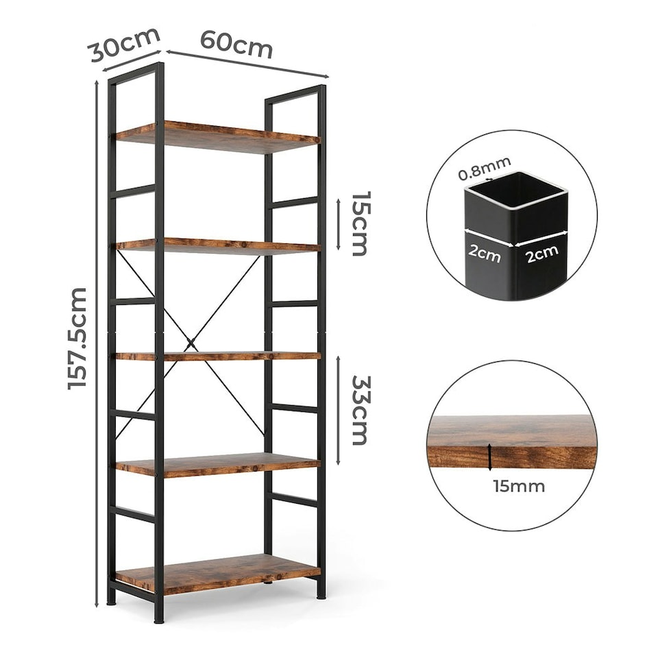 image 1 of Levede Bookshelf 5 Tier Open Display Shelf 157.5cm Storage Cabinet Bookcase Brown | Brown