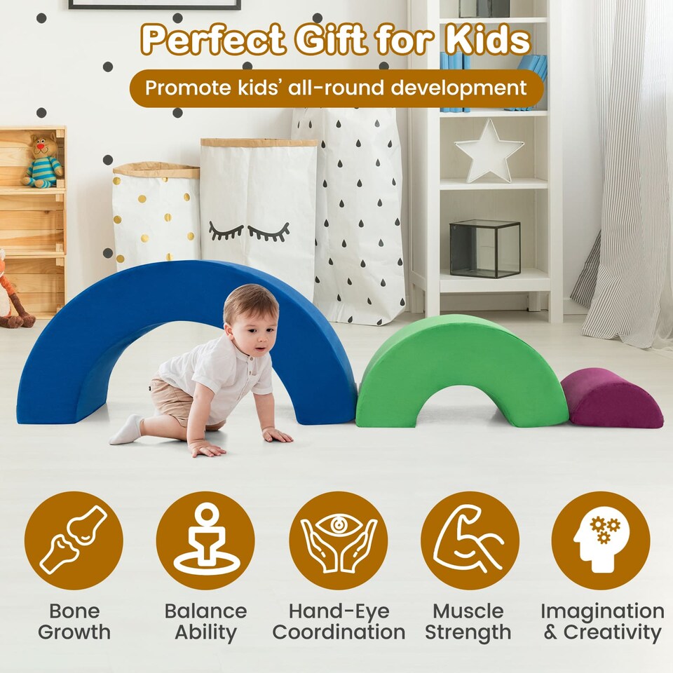 image 1 of COSTWAY 3 Piece Toddlers Climbing Toy Indoor Soft Play Equipment Playset-Blue