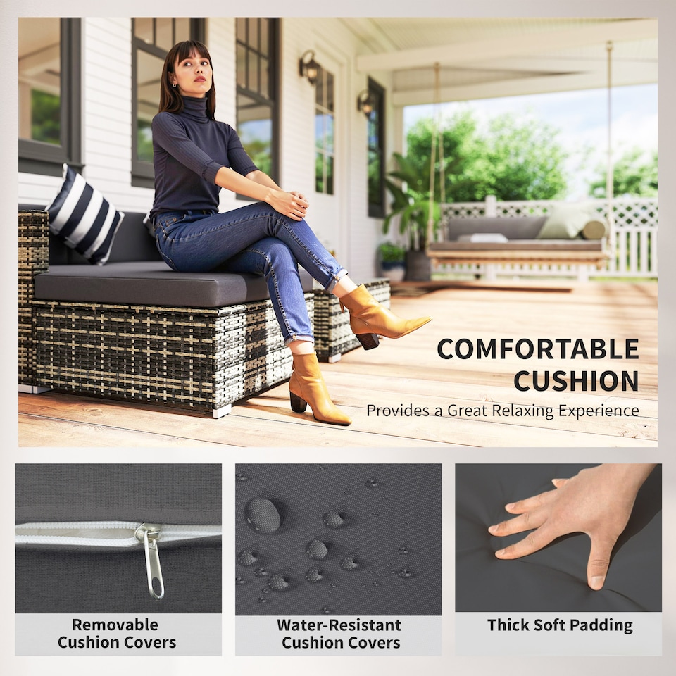 image 1 of Outsunny 5 Piece Rattan Garden Furniture Set, Outdoor Corner Sofa with 67 cm Wide & Deep Seat, Sectional Outdoor Furniture Conversation Set with Cushions, Glass Top Coffee Table for Patio, Mixed Grey