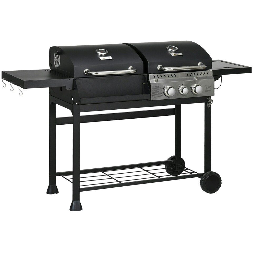 image 1 of Outsunny Dual Fuel BBQ Grill with Wheels, Warming Rack, Black
