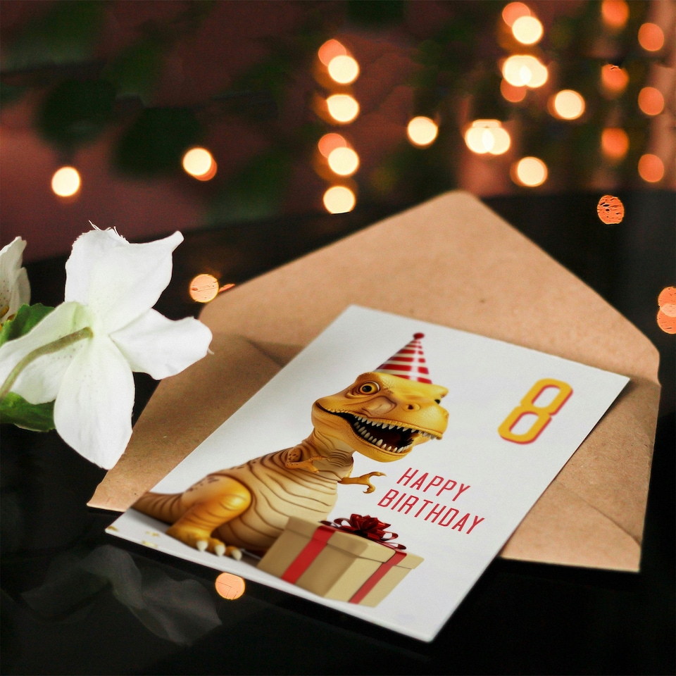 image 1 of 8th Baby T Rex Dinosaur Party Hat Kids Age 8 Year Old Child Birthday Card