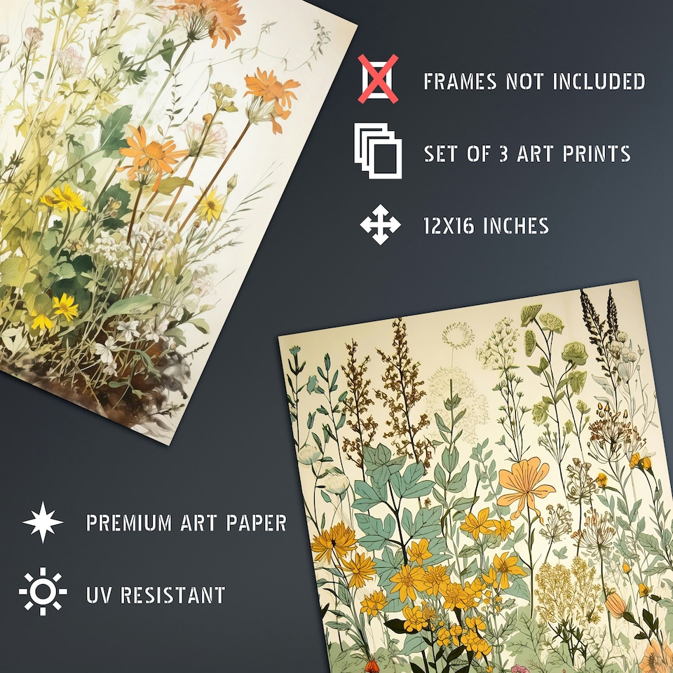 image 1 of Set of 3 Wildflowers Vintage Pastel Floral Artwork Spring Flower Meadow Wall Art Living Room Prints 12x16 Inch