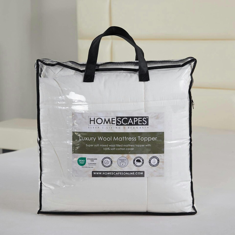 image 1 of Homescapes Premium Wool Mattress Topper - Deep Fitting Comfort | White
