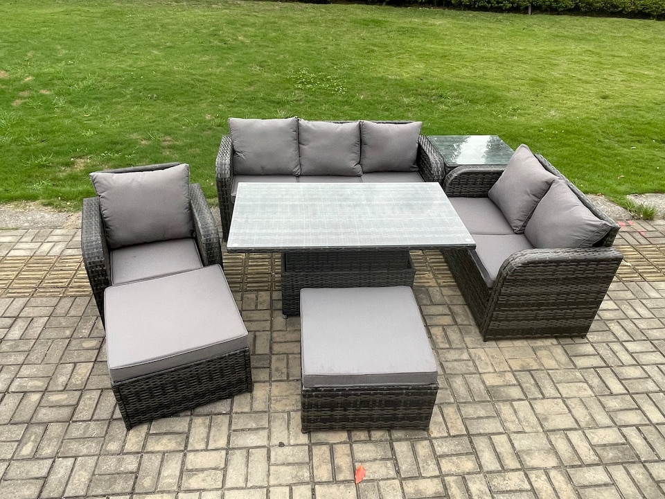 image 1 of Fimous Rattan Outdoor Furniture Garden Dining Set Patio Height Adjustable Rising lifting Table Reclining Chair Sofa With Side Tables 2 Big Footstool Dark Grey Mixed