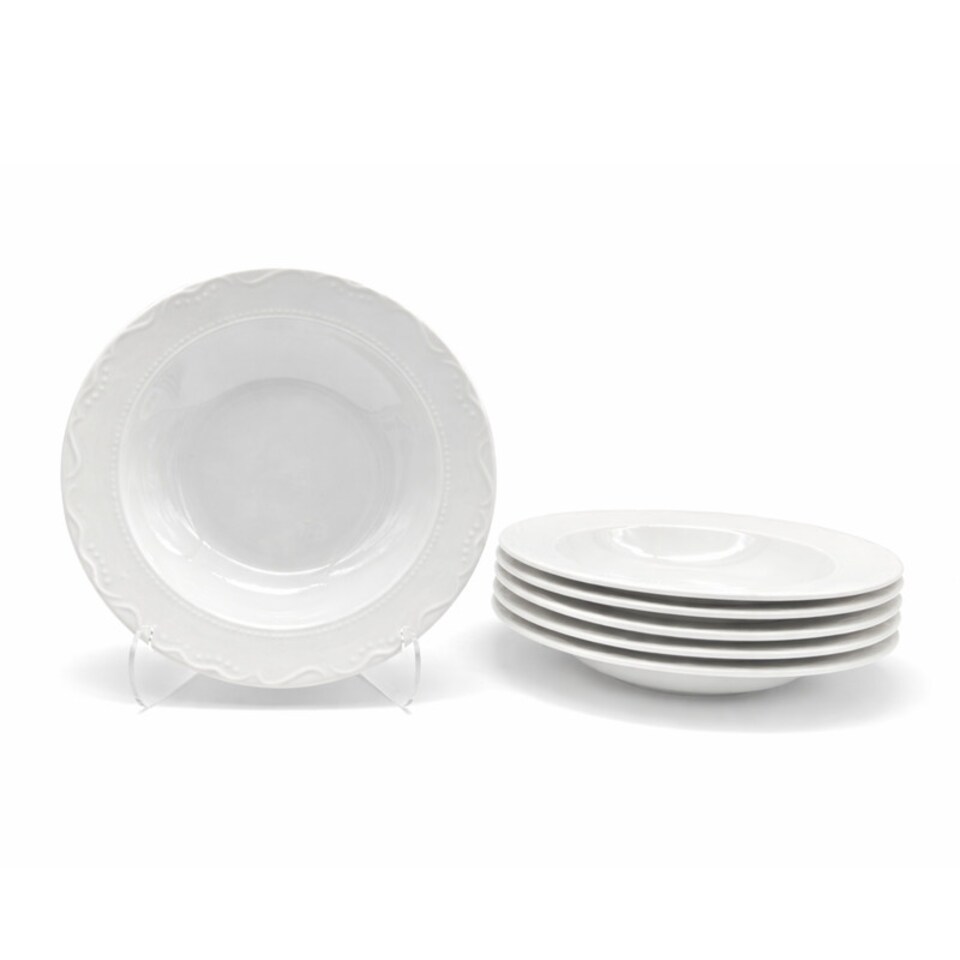 image 1 of Soup Bowl Pasta Plate 4pc Set Porcelain White Embossed Floral Dot Rim