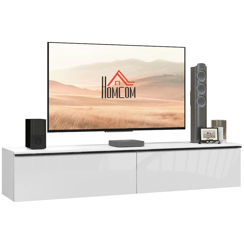 image 1 of HOMCOM Wall Mounted TV Stand Unit with Storage and High Gloss Effect, Black