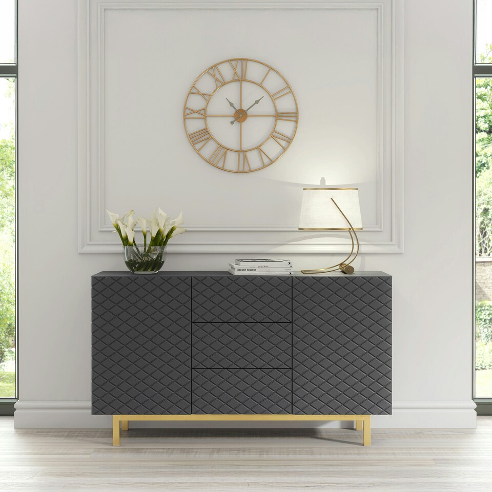 image 1 of Grey Sideboard 140cm – Diamond Pattern Fronts with Gold Legs Grey
