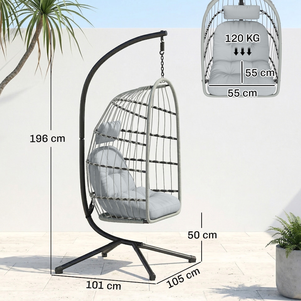 image 1 of Outsunny Hanging Egg Chair, Outdoor Swing Chair with Stand, Light Grey | Grey | Light Grey | One Size