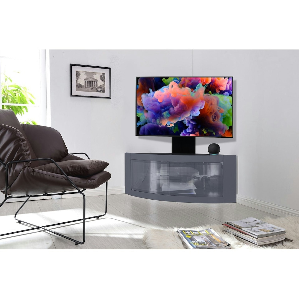 image 1 of Centurion Supports PANGEA Grey Beam-Thru Curved True-Corner 32"-50" TV Cabinet with Mounting Arm Grey