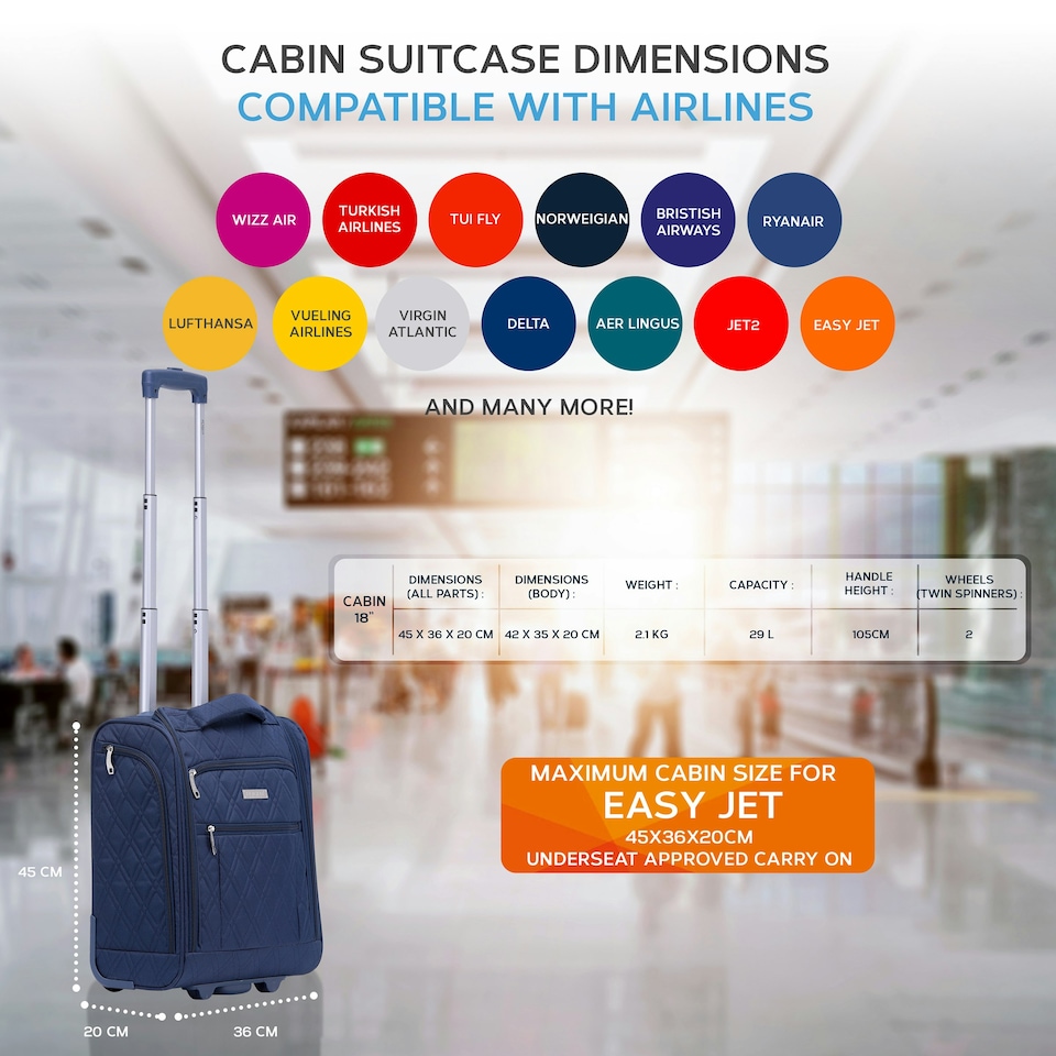 image 1 of Flight Knight 45x36x20cm easyJet Underseat Carry On Non Priority Approved Hand Luggage Case - 2 Wheels - Ultra Lightweight Durable Soft Textile Cabin Suitcase Blue | Navy | Cabin Bag