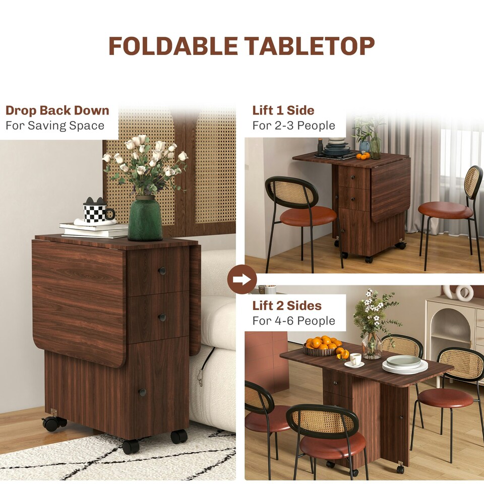 image 1 of HOMCOM Folding Dining Table, Drop Leaf Table With Drawers Distressed Brown