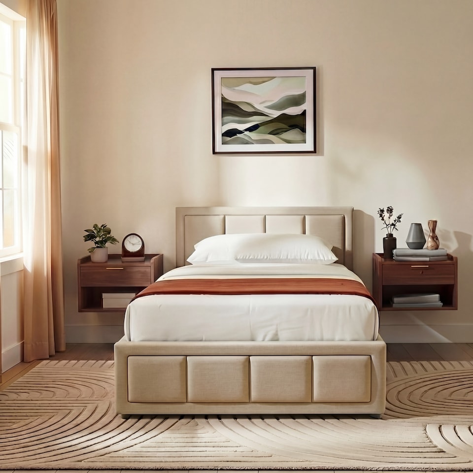 image 1 of Vida Designs Vanita Single Ottoman Lift Up Storage Space Fabric Bed Frame, Beige