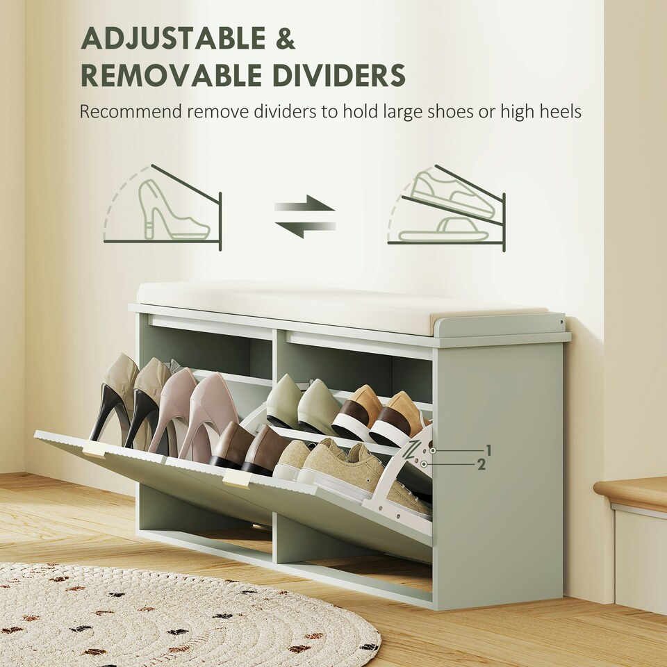 image 1 of HOMCOM Shoe Storage Bench with Cushion and Flip-Drawer Green