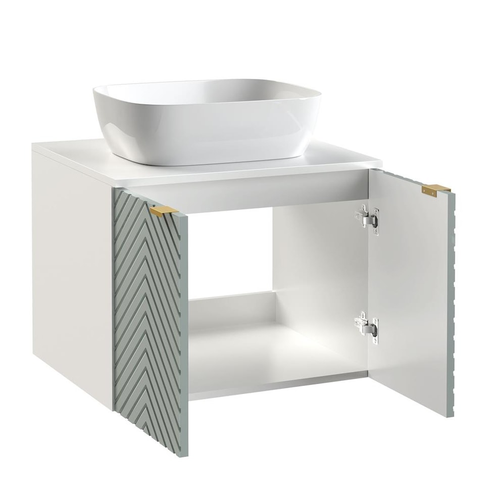 image 1 of Bathroom Vanity Unit 600mm Wall Cabinet Floating Ribbed Fluted Door Green Cara