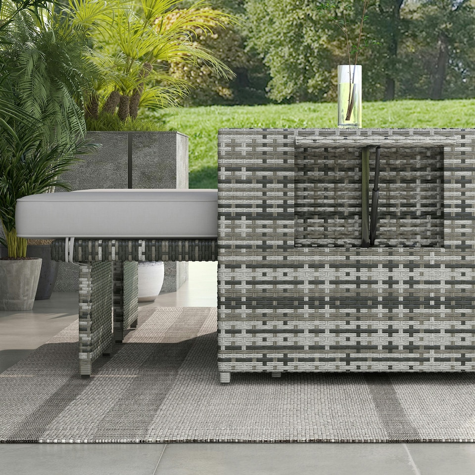 image 1 of Outsunny Recliner Rattan Sun Lounger w/ Storage Tea Table & Footstools, Grey