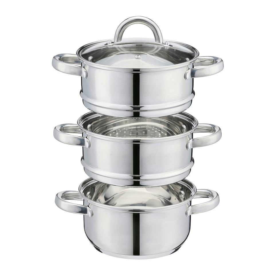 image 1 of Cooks Professional 3 Tier Stainless Steel Steamer Pan - Suitable for All Hobs Inc Induction - Dishwasher Safe - 16cm Diameter