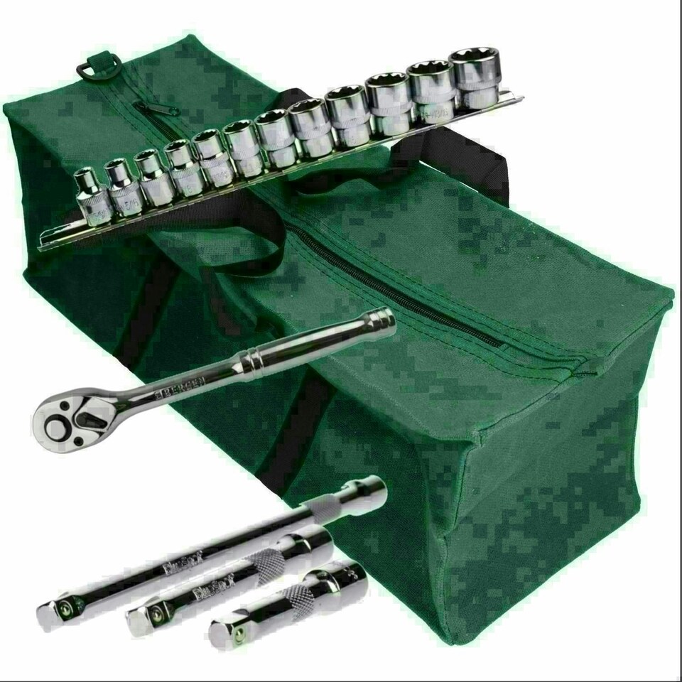 image 1 of 17pc Imperial AF Socket Set SAE Inch Sockets Extensions Ratchet 3/8"dr Tool Bag