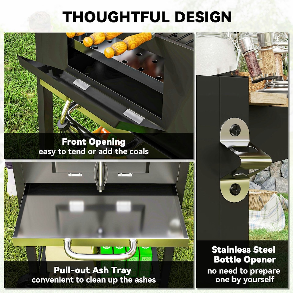 image 1 of Outsunny Charcoal BBQ Grill with Warming Rack 3 Shelves Temperature Gauge