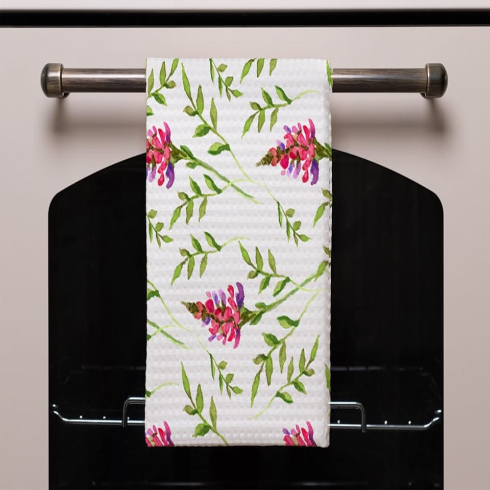 image 1 of Pink & Green Leaves (Kitchen Towel)