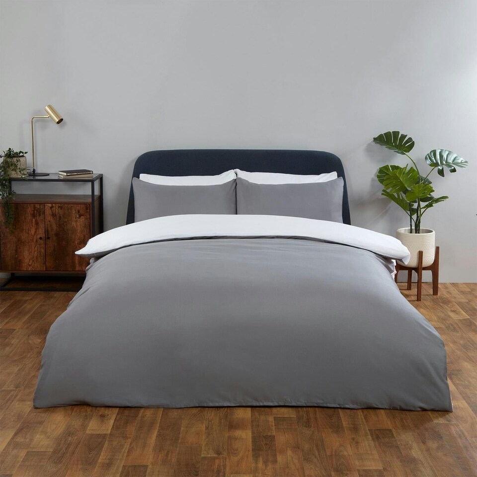 image 1 of OHS Plain Reversible Soft Microfibre Duvet Cover and Pillowcase Set, Single - Grey/White