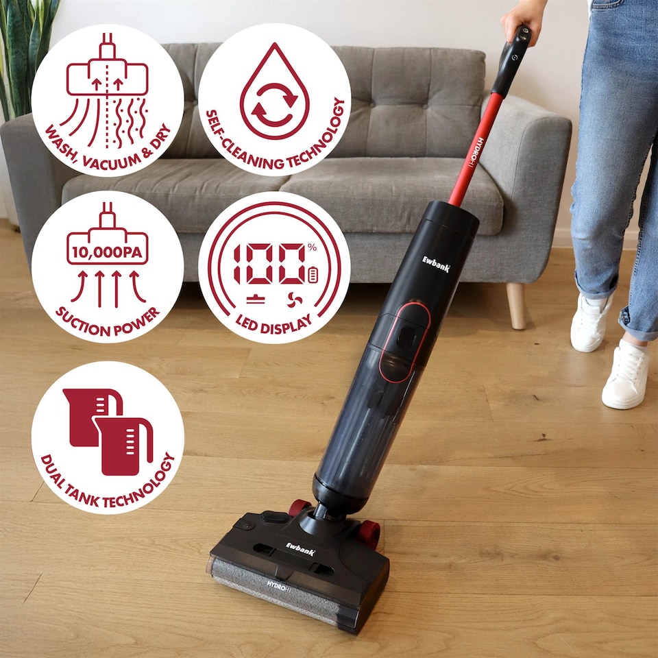 image 1 of Ewbank EWHF03988 HYDROH1 Cordless Hard Floor Cleaner, 2-in-1 Wet & Dry Vacuum Cleaner, 10,000Pa Suction, Self-Cleaning Dock, 820ml Dual Water Tanks, LED Display, 25-Minute Runtime, Black