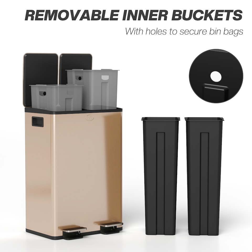image 1 of HOMCOM Dual Kitchen Bin, 2 x 28L Stainless Steel Double Rubbish Bin with Soft Close Lid, Removable Inner Buckets, Fingerprint-Proof for Recycling and Waste, Gold Tone | Gold | 28L