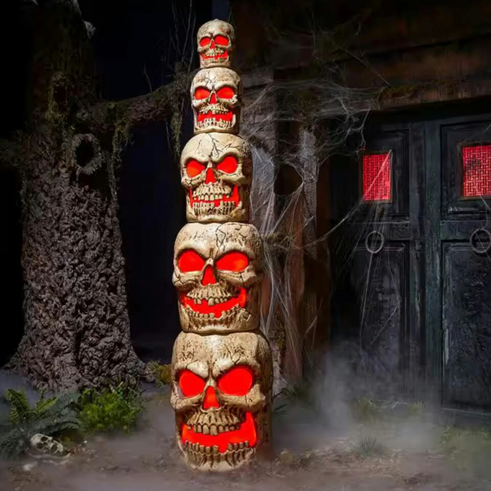image 1 of Home Accents Holiday 8ft Giant-Sized Halloween Skull Stack with Red LEDs