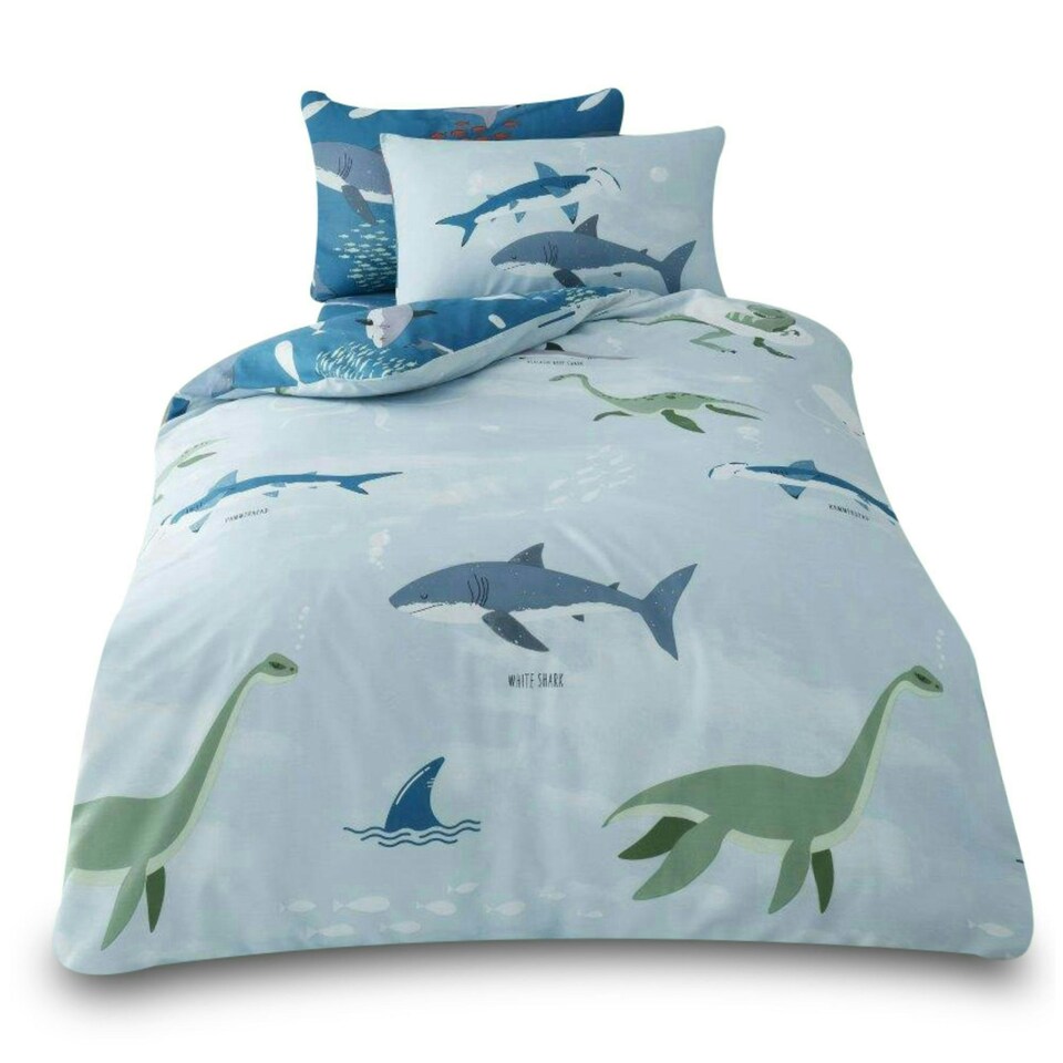 image 1 of VELVETIO Sea Dino Shark Duvet Cover Set Single Blue Soft Polycotton Reversible Kids Beddings Blue | Single