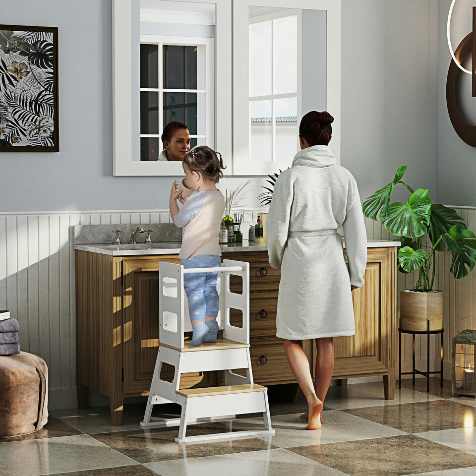 image 1 of AIYAPLAY 2 in 1 Toddler Tower w/ Chalkboard, Safety Rail, for Kitchen, Sink