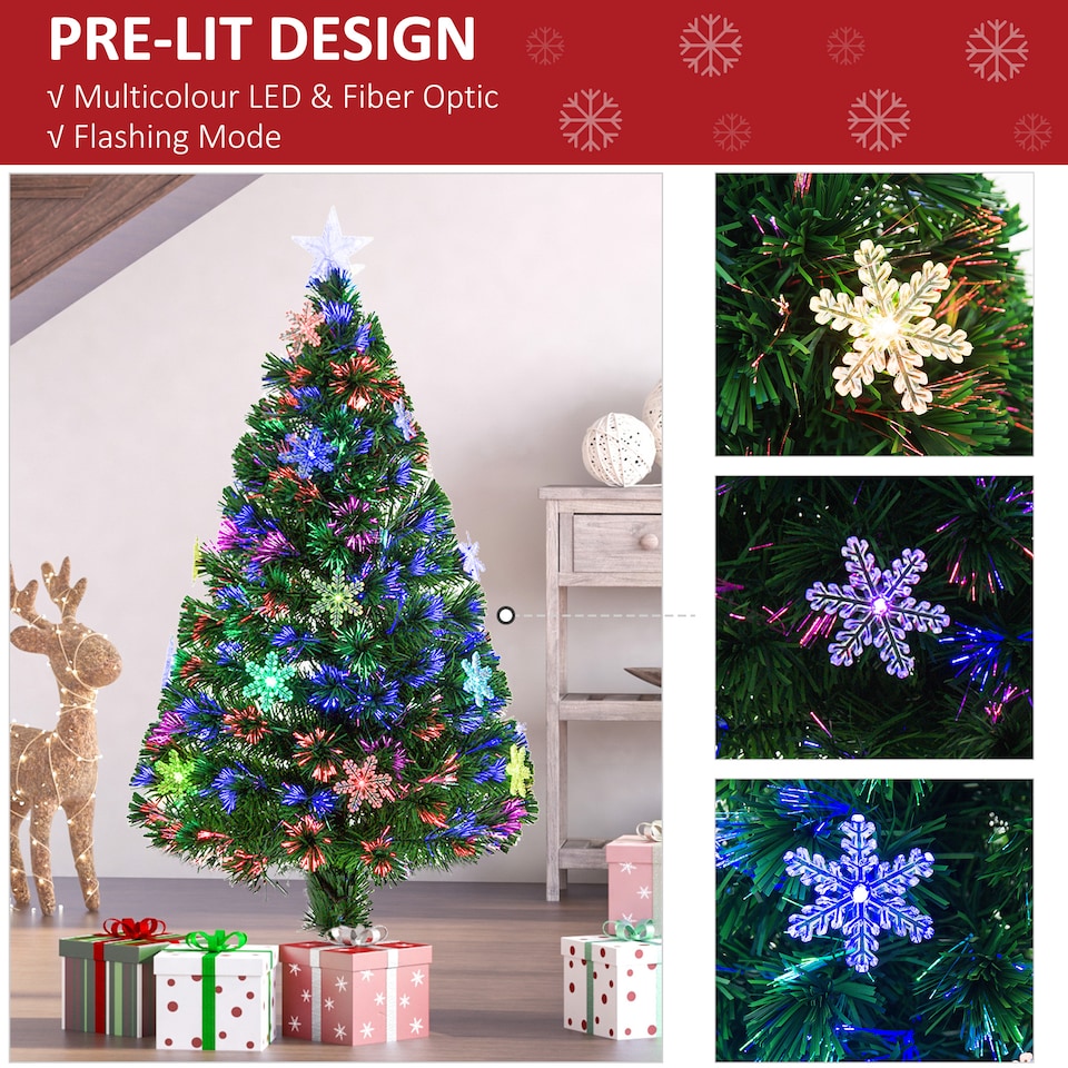 image 1 of HOMCOM 4FT Green Fiber Optic Full Lights Christmas Tree Multi LED Stars