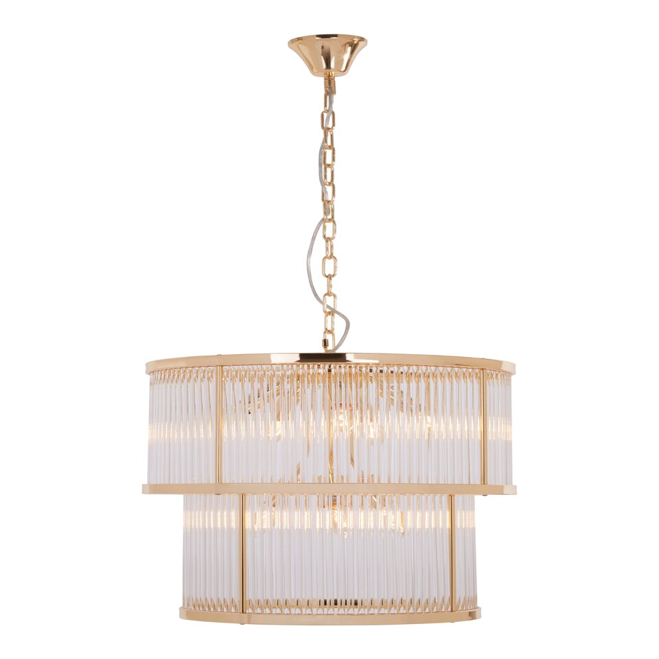 image 1 of Interiors by Premier 2 Tier Gold Finish Glass Chandelier, Modern Drum Style Glass Rod Chandelier With Warm Ambient Light Gold