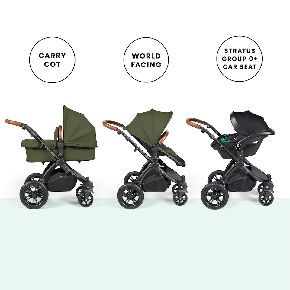 image 1 of Stomp Luxe 12pc Travel System with Stratus i-Size Car Seat & ISOFIX Base, Carrycot, Reversible Seat, Rain Cover & More (Black/Woodland/Tan)