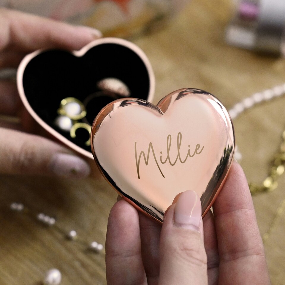 image 1 of Personalised Engraved Rose Gold Heart Trinket Box