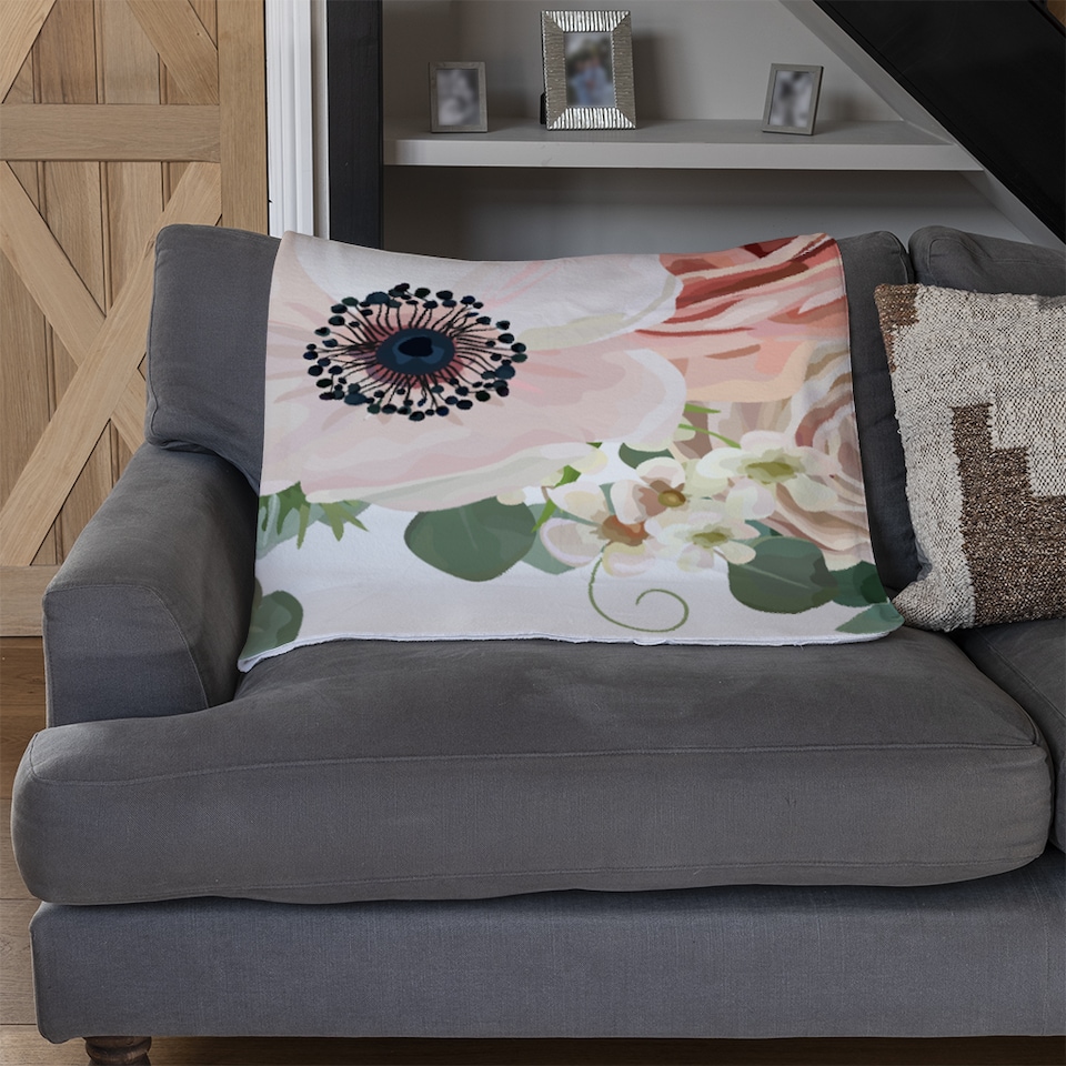 image 1 of Garden Flower Pink Peach Rose White Anemone Blanket | Multi